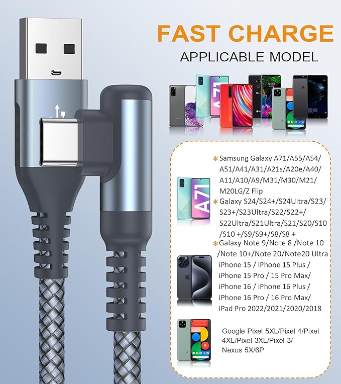 USB Type C Cable Right Angle, USB Type C iPhone 16 Charger Cable Nylon Braided - Image 3