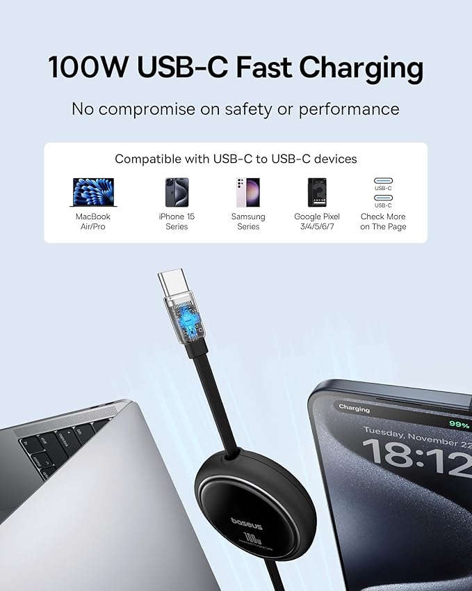 Baseus USB C to USB C Cable, 100W Retractable USB C 5A Fast Charging Cable - Image 2