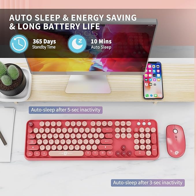 Wireless Keyboard and Mouse Combo, 104 Round Keys Cute Colorful Keyboard and - Image 5