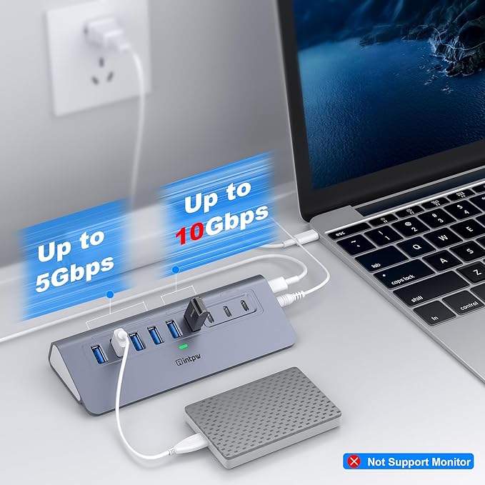 Powered USB Hub 10Gbps, intpw YH6AC 9-Port USB Splitter - Image 3
