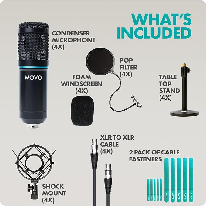 Movo PodPak4T 4-Pack Universal XLR Podcast Microphone Bundle- Includes 4 - Image 6
