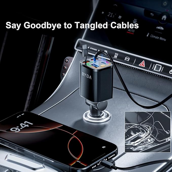 4 in 1 Retractable Car Charger for iPhone, 69W USB-C Fast Car Charger, - Image 2