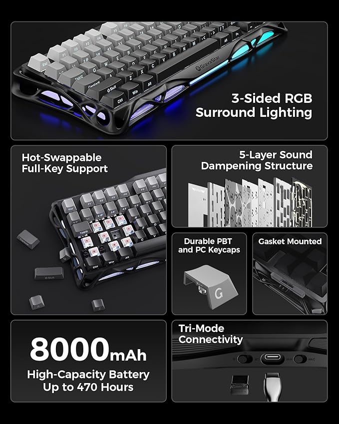 GravaStar Mercury K1 75% Wireless Mechanical Gaming Keyboard, Aluminum Alloy - Image 7