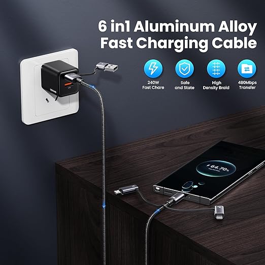 240W Multi Charging Cable, 4ft 6-in-1 USB C Cable Fast Charging Cords - Image 2