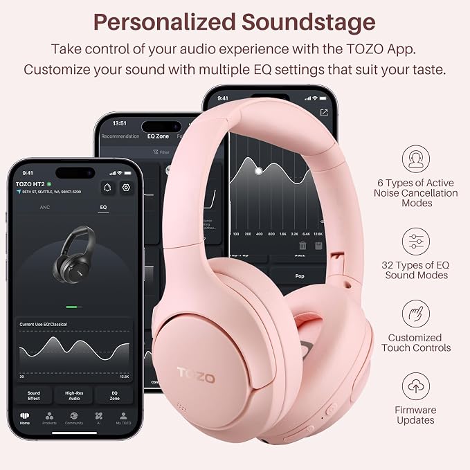 TOZO HT2 Hybrid Active Noise Cancelling Headphones, Wireless Over Ear Bluetooth - Image 4