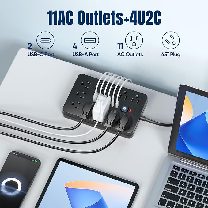 20 FT Flat Plug Surge Protector Power Strip, 11 Multiple AC Outlets - Image 3