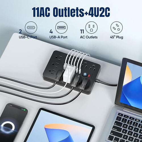 2PCS 6 FT Flat Plug Surge Protector Power Strip, 11 Multiple AC Outlets - Image 2