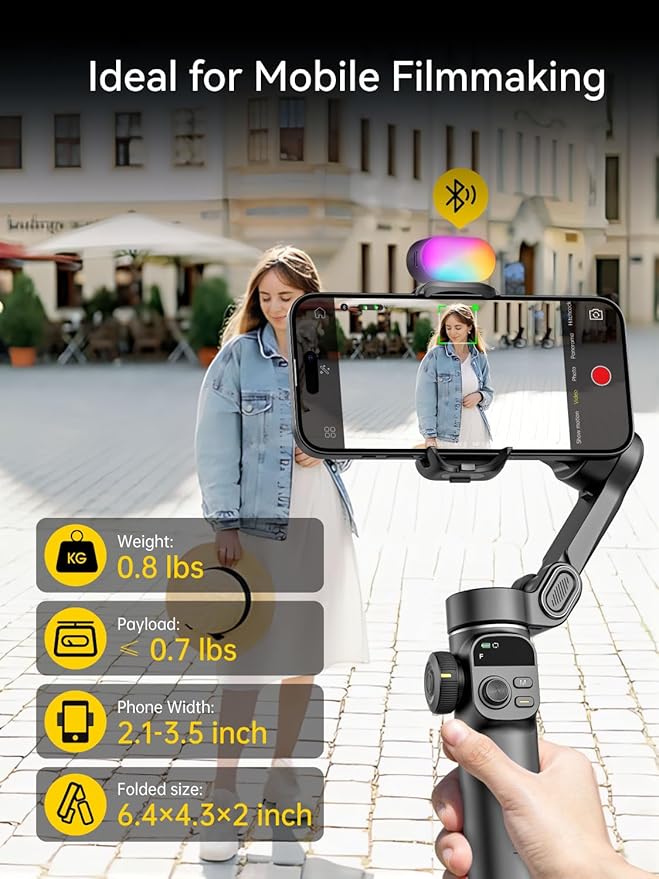 Gimbal Stabilizer for iPhone, Phone Gimbal w/RGB Magnetic Fill Light, Foldable - Image 10