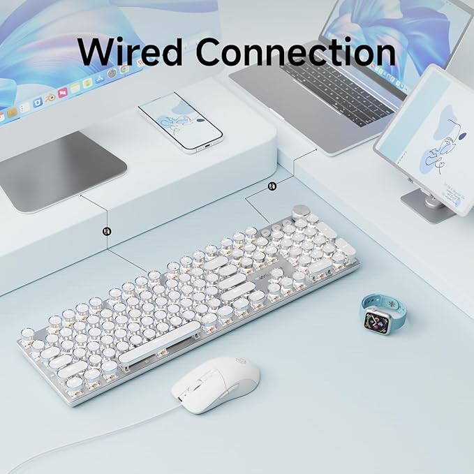 EWEADN Wired Typewriter Keyboard and Mouse Combo, Typewriter Style Mechanical - Image 4