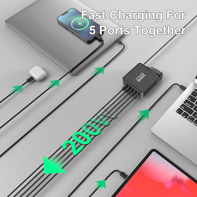 200W USB C Charger, 5 Ports GaN Fast Charger, PD100W USB C Desktop Charging - Image 3