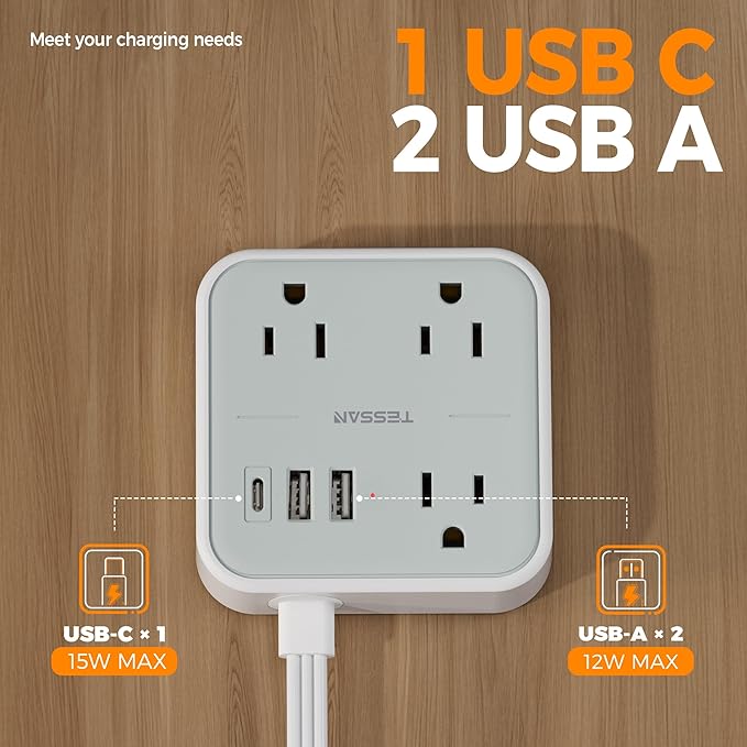 Short Extension Cord with Multiple Outlets 3 FT, TESSAN Small Flat Plug Power - Image 5