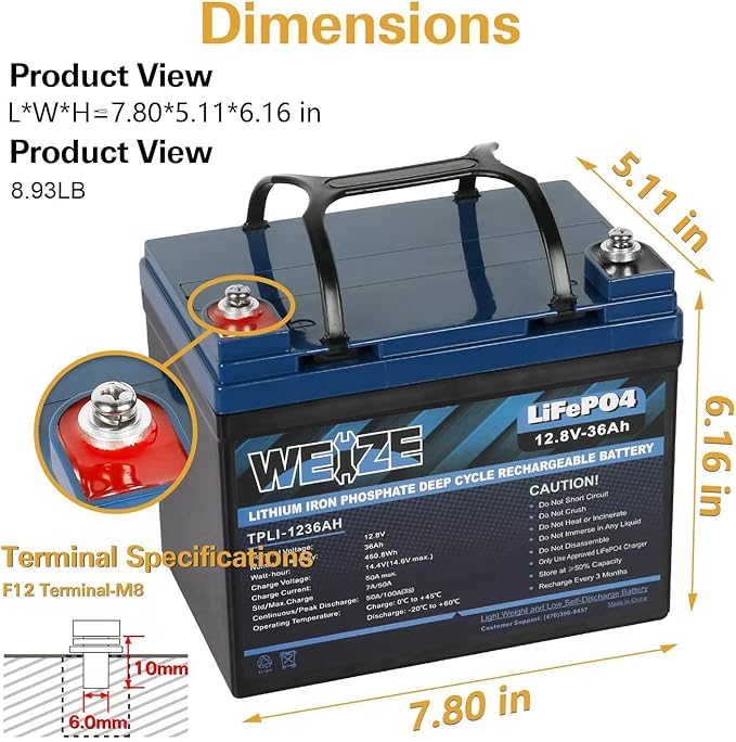 WEIZE 12V 36Ah LiFePO4 Lithium Battery, Grade A Cells Built in BMS Low - Image 2