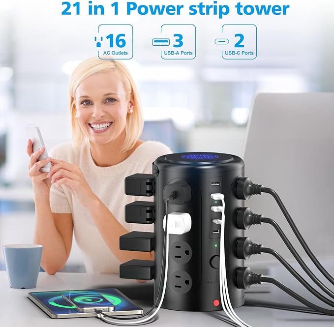 Tower Power Strip with 15W Wireless Charger, 20FT Extension Cord with Multiple - Image 3