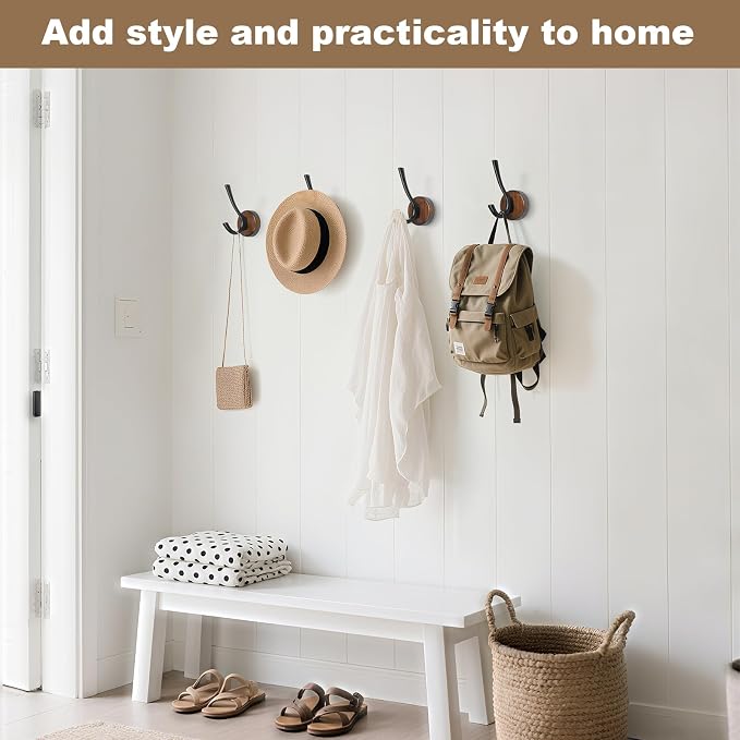 kuaima Coat Hooks Wall Mount, Round Walnut Wood Wall Hanger - Image 2