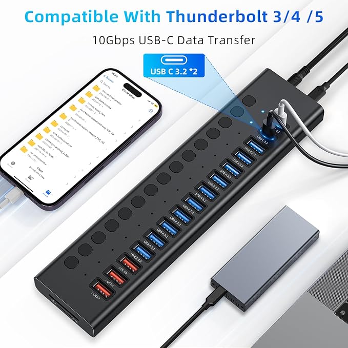 Powered USB Hub 10Gbps, 17 Ports 96W USB 3.2 Hub, 12V/8A Power Adapter - Image 6