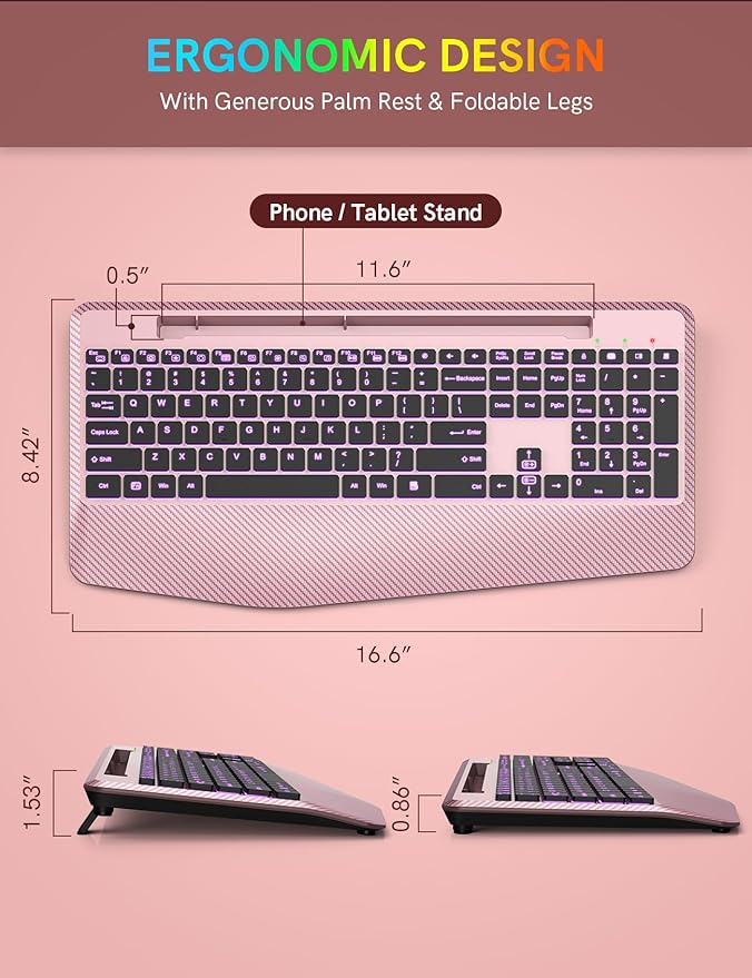 Wireless Keyboard with 7 Colored Backlits Wrist Rest, Phone Holder, - Image 6