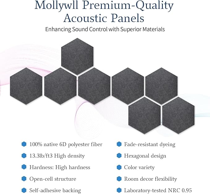Mollywell Hexagon Acoustic Panels, High Density, Soundproofing, Decorative - Image 3