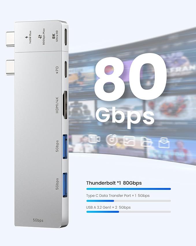 VENTION 6-in-2 USB C Hub for MacBook Neo/Air/PRO, 80Gbps Detachable Magnetic 8K - Image 5