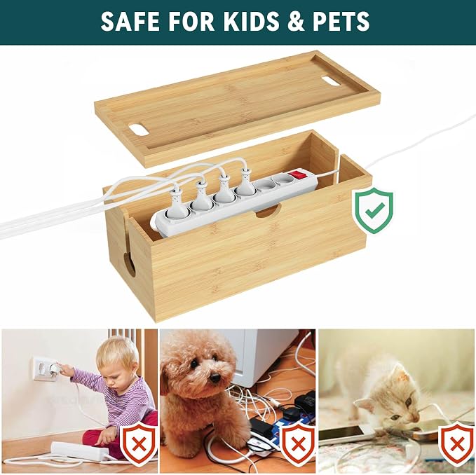 Bamboo Cable Management Box, Medium Cord Organizer Box Cable Box to Hide Wires - Image 2