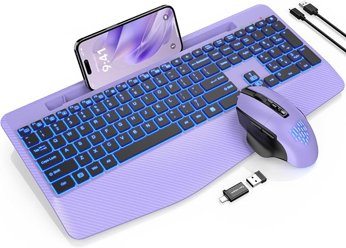 Wireless Keyboard and Mouse Backlits, Wrist Rest, LED Mouse, Rechargeable by SABLUTE