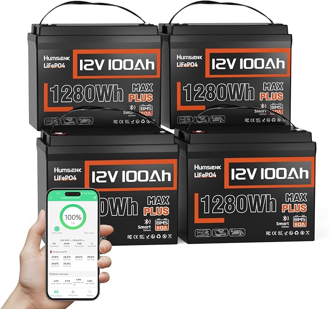 4 PCS 12V 100Ah LiFePO4 Lithium Battery MAX PLUS, Built-in 110A BMS & Bluetooth by HumsiENK