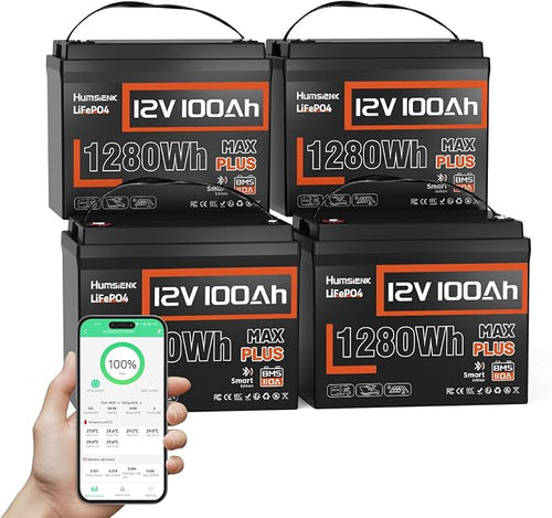 4 PCS 12V 100Ah LiFePO4 Lithium Battery MAX PLUS, Built-in 110A BMS & Bluetooth by HumsiENK