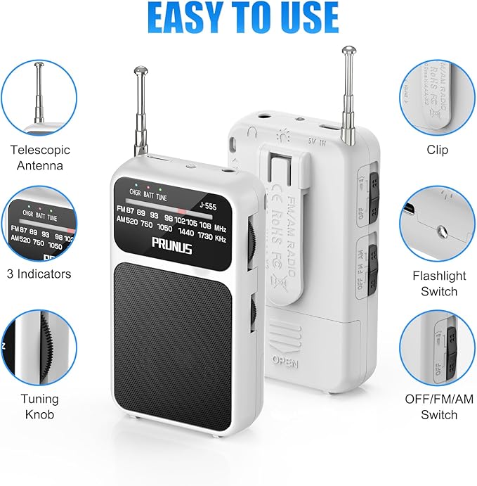 PRUNUS J-555 Pocket Radio AM FM USB-C Charging& Battery Operated, Excellent - Image 4