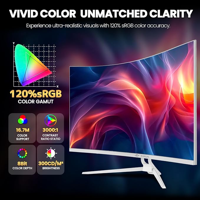 CRUA 32" White Curved Monitor, 4K UHD 1500R VA Screen, 75Hz Computer Monitor - Image 4