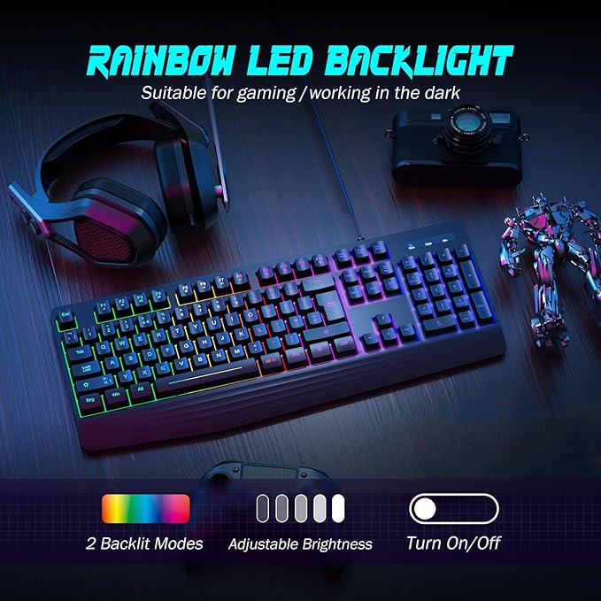 Gaming Keyboard, 7-Color Rainbow LED Backlit, 104 Keys Quiet Light Up Keyboard - Image 2