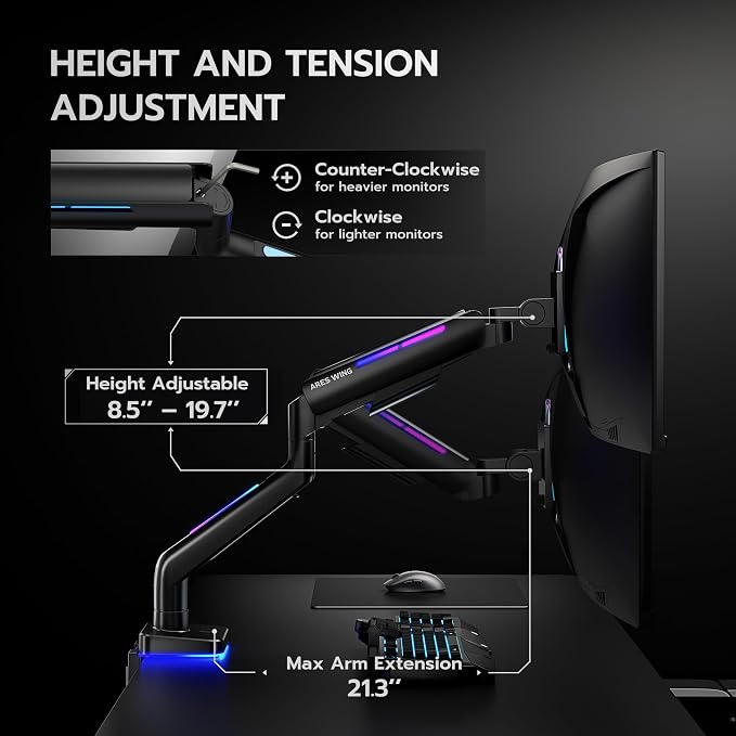 Ultrawide Monitor arm for 17-49'' Heavy Duty Screen up to 44lbs, Gas Spring - Image 6