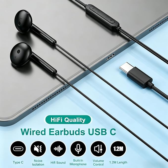 USB C Headphones for iPhone 17 16 15, Wired Headphones USBC for iPad Pro Air - Image 3