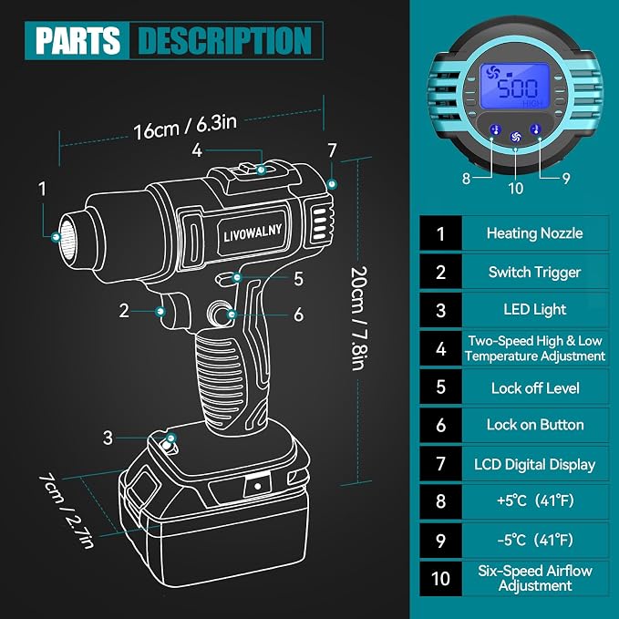LIVOWALNY Cordless Heat Gun Compatible - 350W 122℉-1022℉ Adjustable Portable - Image 2