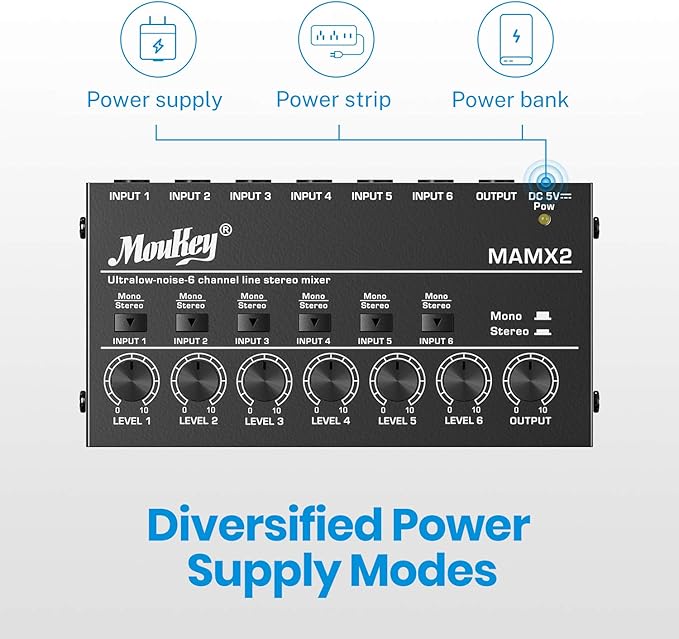 Moukey Audio Mixer, DC 5V, 6 Stereo Ultra, Low Noise 6 Channel Line Mixer - Image 5