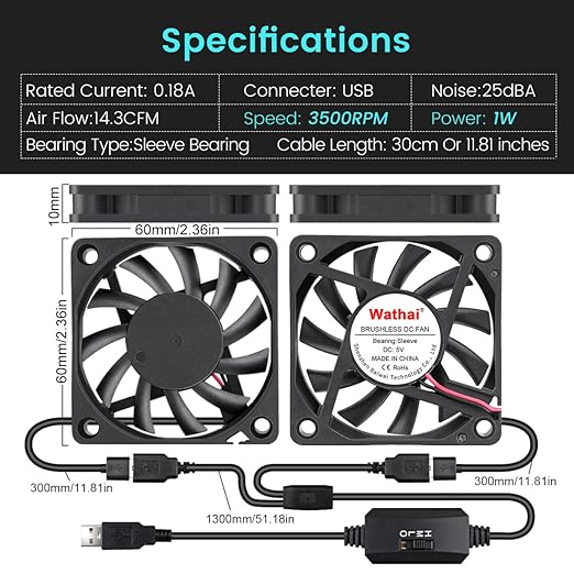 2 Packs Wathai 60mm x 10mm USB Computer Fan 5V - Image 2