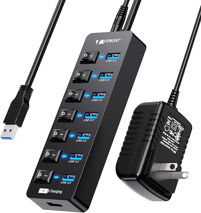 Powered USB Hub 3.0, VEMONT 7 Ports Multi USB hubs and 1 USB Smart Charging Port by VEMONT