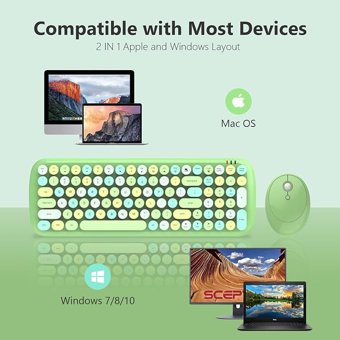 KNOWSQT Wireless Keyboard and Mouse Combo, Light Green 100 Keys 2.4 GHz Round - Image 4