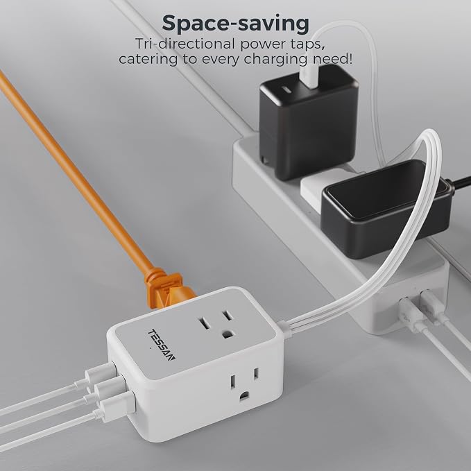 Short Power Strip 9 inch, TESSAN Flat Plug Small Extension Cord - Image 7