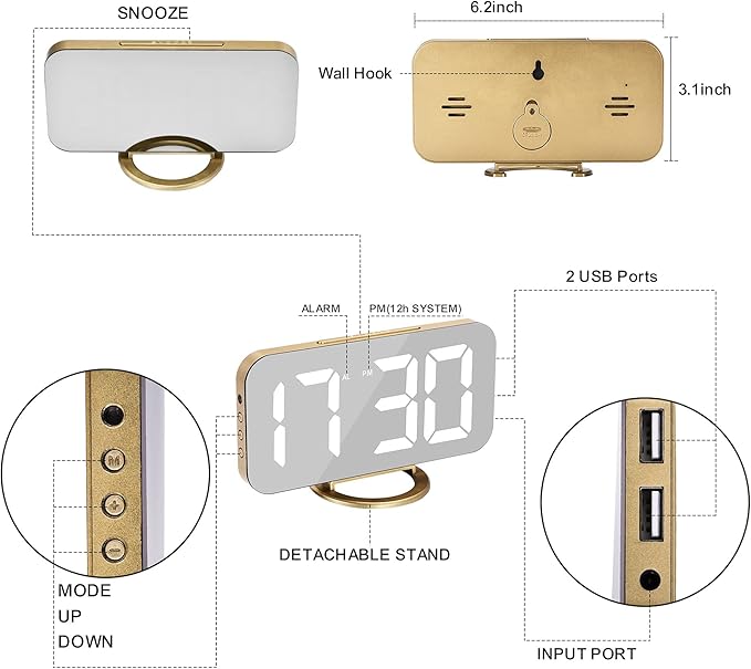SZELAM Digital Alarm Clock, LED and Mirror Desk Clock Large Display, - Image 5