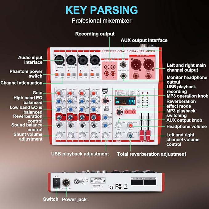 MW-6 6 Channel Professional DJ Audio Mixer, Portable Controller Mixer - Image 3