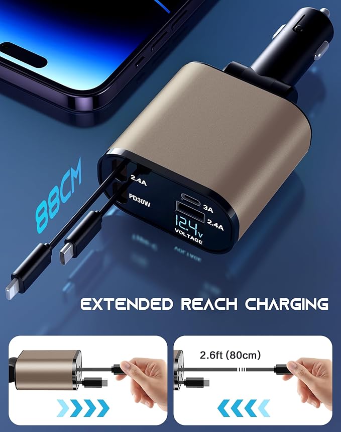 Retractable Car Phone Charger, 4 in 1 Fast Charge Car Phone Charger - Image 5