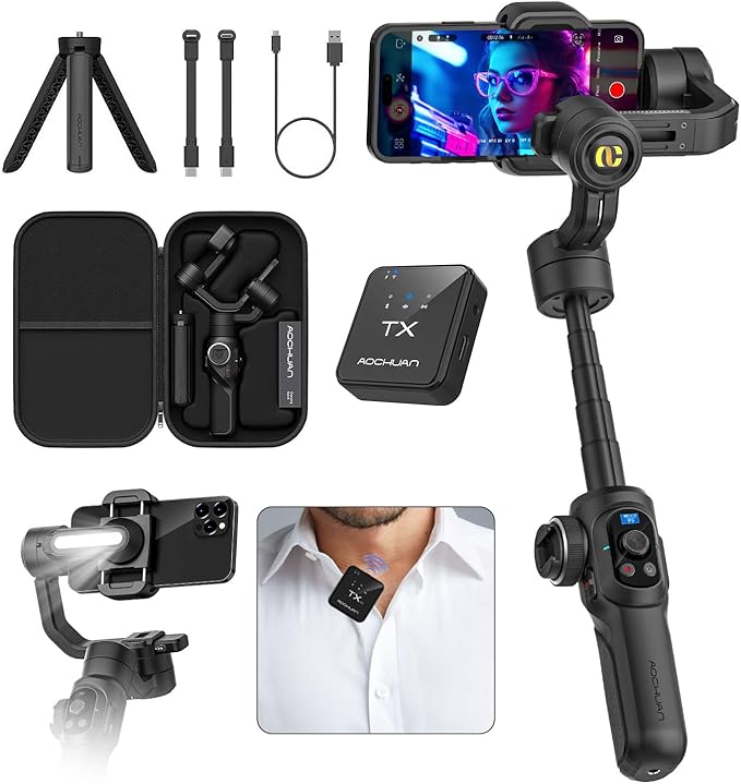 S2 Mic Smartphone Gimbal Stabilizer w/Wireless Lavalier Microphone, Built-in by AOCHUAN