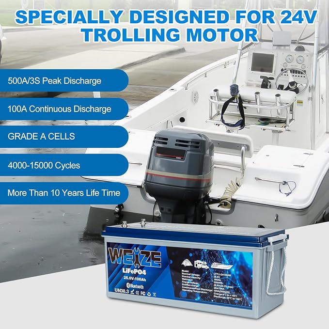 WEIZE 24V 100AH Bluetooth LiFePO4 Lithium Battery, Grade A Cells, 150A BMS - Image 5