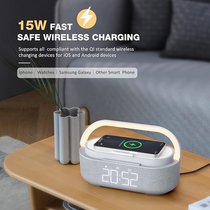 Bluetooth Speaker with Wireless Charger, FM Radio, Dimmable Bedside LED Night - Image 6