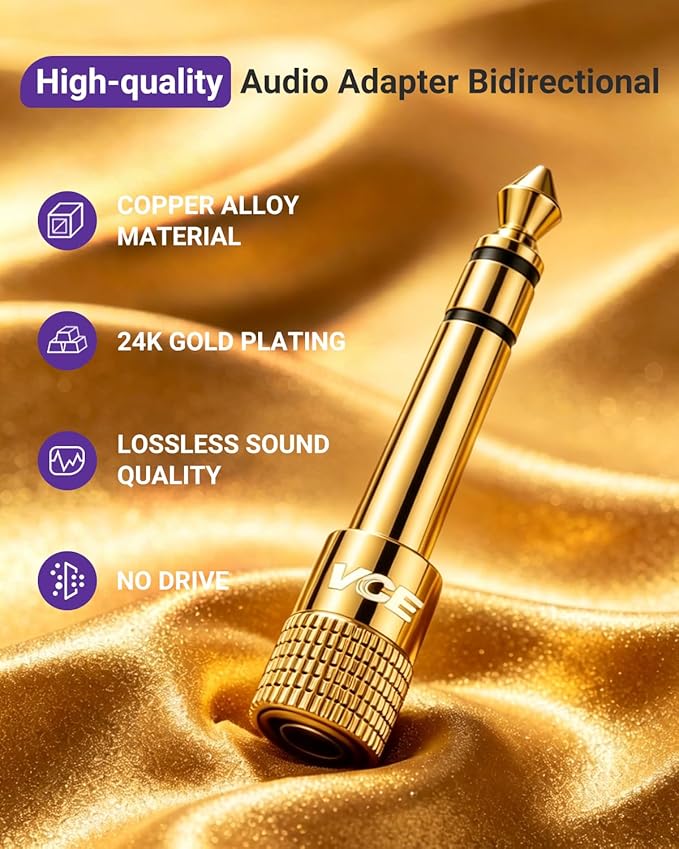 VCE 6.35mm Male to 3.5mm Female 1/4 inch to 1/8 inch 24K Stereo Audio Jack - Image 3