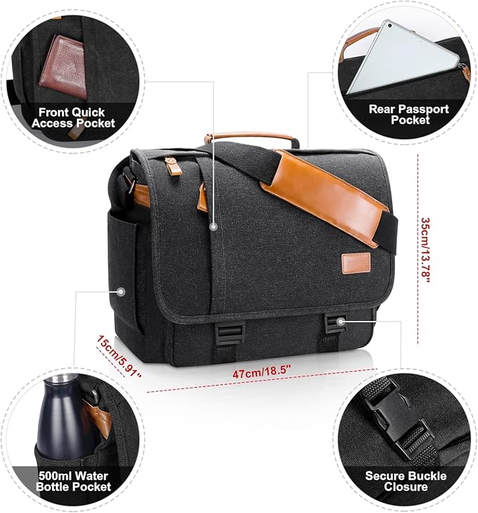 ESTARER Messenger Bag 17-17.3 Inch, Men's Computer Bag Water-resistant Canvas - Image 4