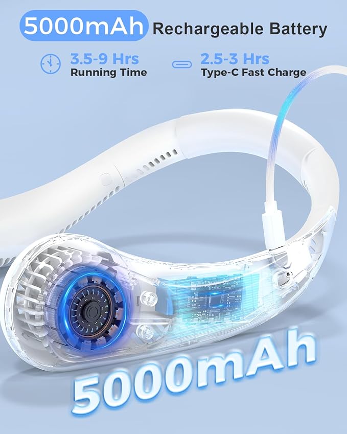 Portable Bladeless Neck Fan, 5000mAh Rechargeable Battery, 3 Speeds, Workout - Image 2