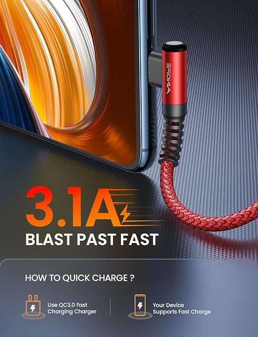 AINOPE USB C Fast Charging Cable 3.1A Right Angle 10ft/3m USB to USB C Cable - Image 4