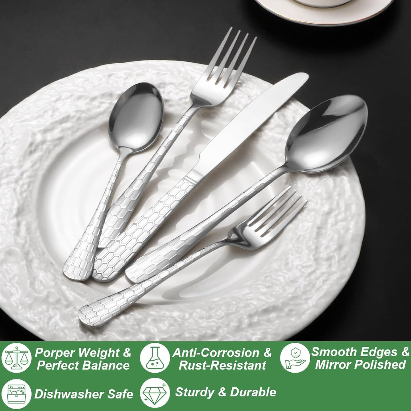 40 Pcs Silverware Set for 8 with Water Cube Handle design, Food Grade Stainless Steel Flatware Set, Eating Utensils Sets Include Fork/Knife/Spoon, Reusable Cutlery Set, Dishwasher Safe