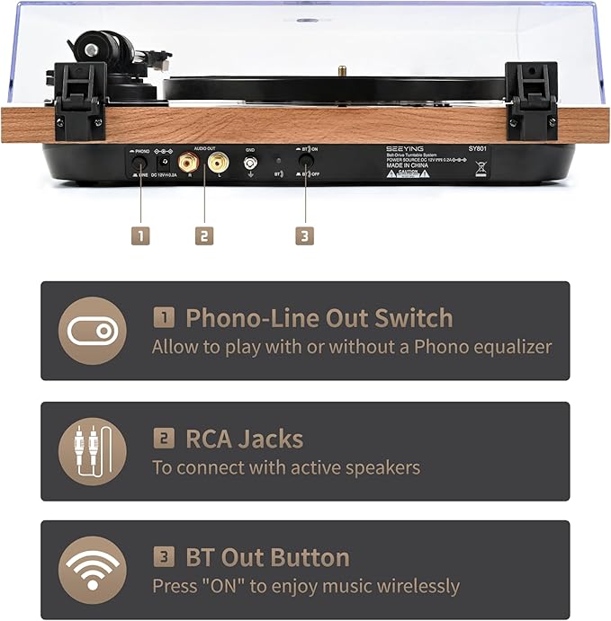 Turntable Vinyl Record Player Support Bluetooth Output Phono/Line Switch Pitch - Image 3