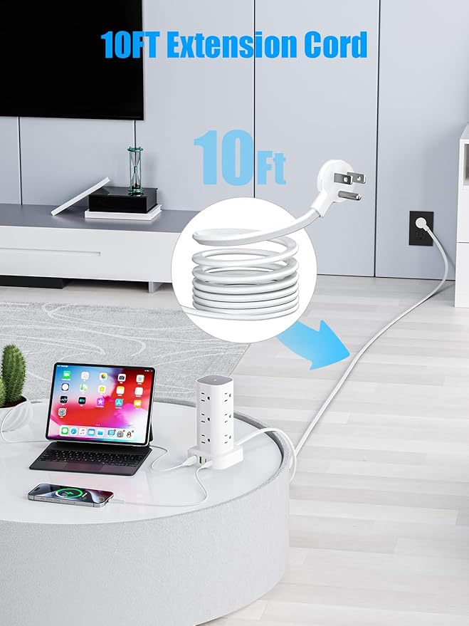 Flat Plug Power Strip Tower Surge Protector, 10FT Flat Extension Cord - Image 6